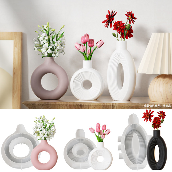 Scandinavian Circle Vase Silicone Mold Oval Circle Stripesd Large Ornaments Donut Flower Arrangement Vase Resin Mold