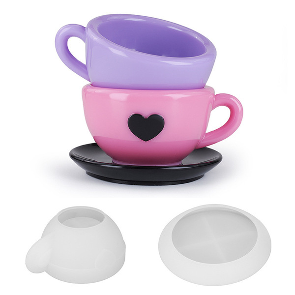 DIY Love Coffee Cup Silicone Mould Ceramic Drop Glue Cement Gypsum with Tea Tray Storage Cup Ornaments Abrasive Tool